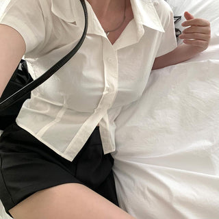 Lapel casual pure color short sleeve top