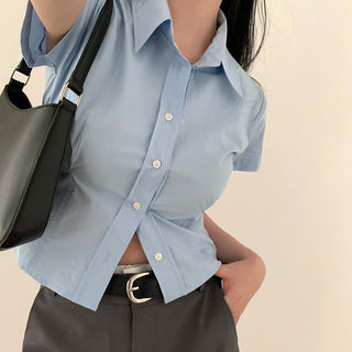 Lapel casual pure color short sleeve top