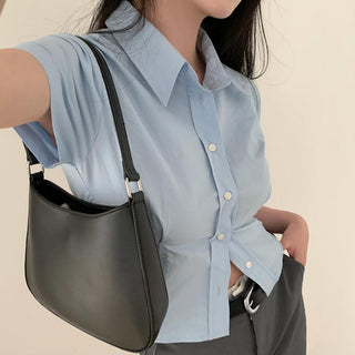 Lapel casual pure color short sleeve top