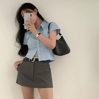 Lapel casual pure color short sleeve top