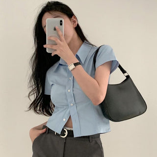 Lapel casual pure color short sleeve top