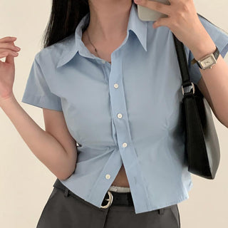 Lapel casual pure color short sleeve top