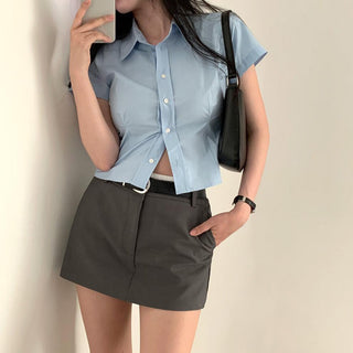 Lapel casual pure color short sleeve top
