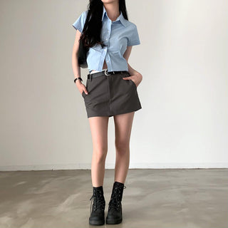 Lapel casual pure color short sleeve top