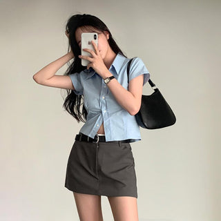 Lapel casual pure color short sleeve top