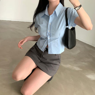 Lapel casual pure color short sleeve top
