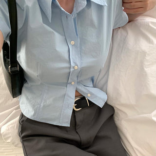 Lapel casual pure color short sleeve top