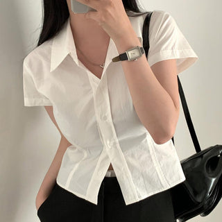 Lapel casual pure color short sleeve top