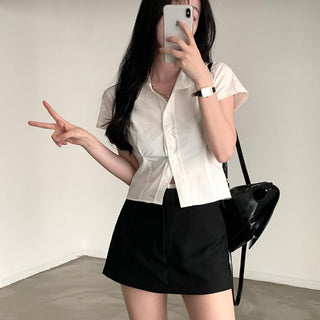 Lapel casual pure color short sleeve top