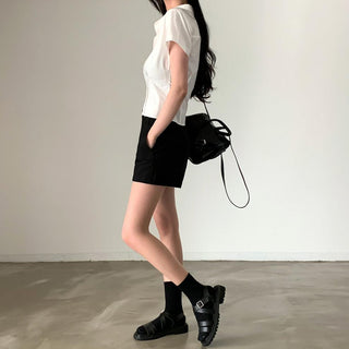 Lapel casual pure color short sleeve top