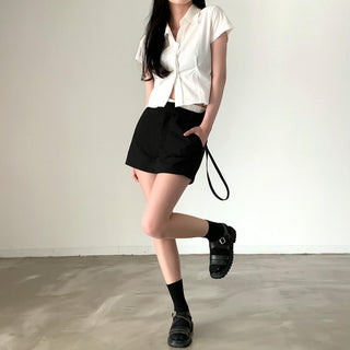 Lapel casual pure color short sleeve top