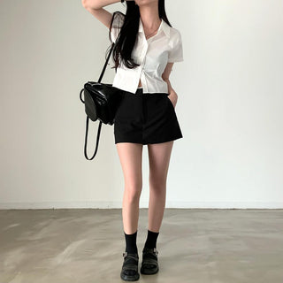 Lapel casual pure color short sleeve top