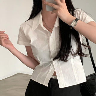 Lapel casual pure color short sleeve top
