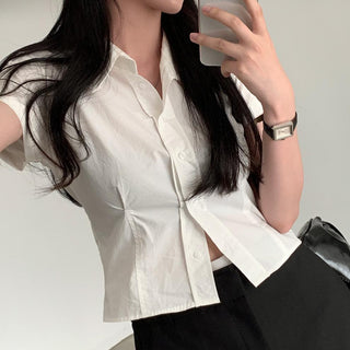 Lapel casual pure color short sleeve top