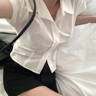 Lapel casual pure color short sleeve top