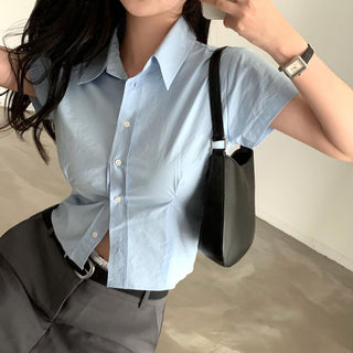 Lapel casual pure color short sleeve top