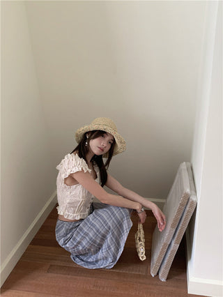 Lace white top + checkered chiffon skirt set