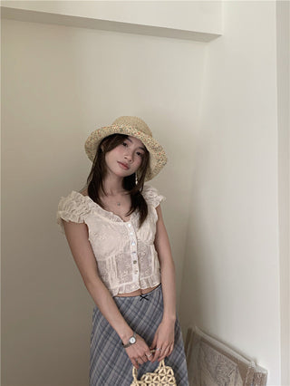 Lace white top + checkered chiffon skirt set