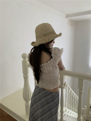 Lace white top + checkered chiffon skirt set