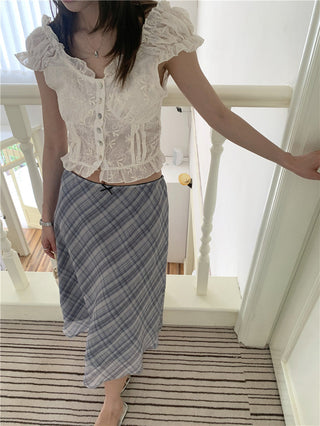 Lace white top + checkered chiffon skirt set