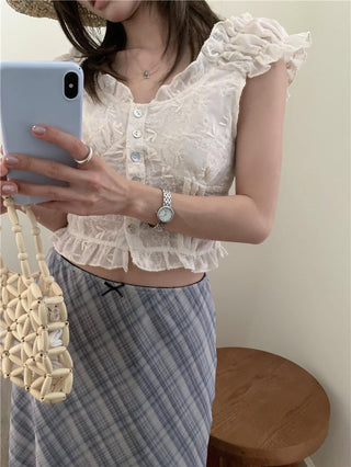 Lace white top + checkered chiffon skirt set