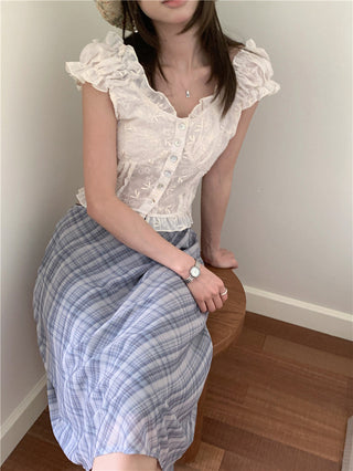 Lace white top + checkered chiffon skirt set