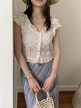 Lace white top + checkered chiffon skirt set