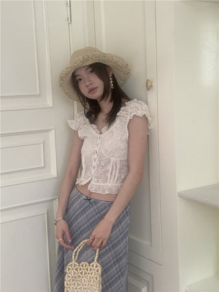 Lace white top + checkered chiffon skirt set