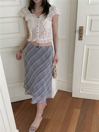 Lace white top + checkered chiffon skirt set
