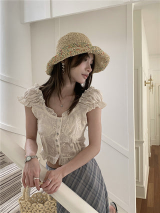 Lace white top + checkered chiffon skirt set
