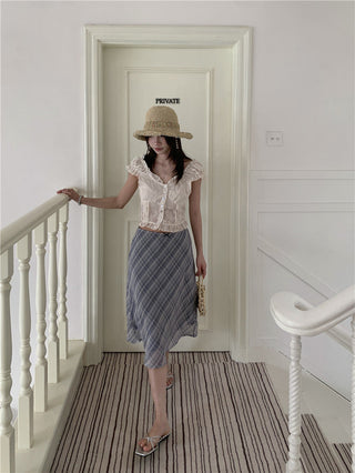 Lace white top + checkered chiffon skirt set