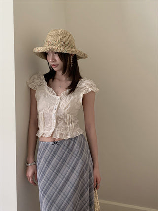 Lace white top + checkered chiffon skirt set