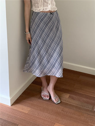 Lace white top + checkered chiffon skirt set