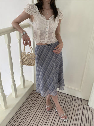 Lace white top + checkered chiffon skirt set