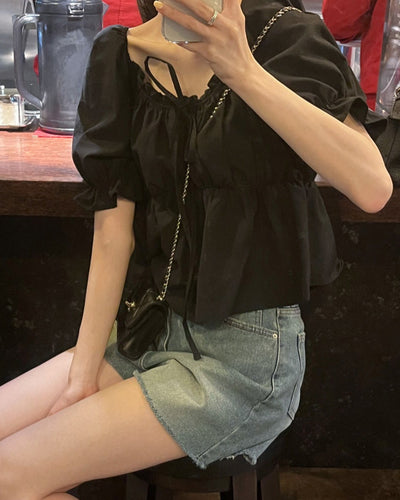 Korean Sweet  lace bubble sleeve top