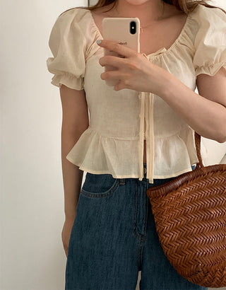 sweet lace bubble short sleeved linen top