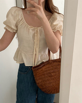 sweet lace bubble short sleeved linen top