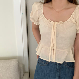 sweet lace bubble short sleeved linen top