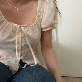 sweet lace bubble short sleeved linen top