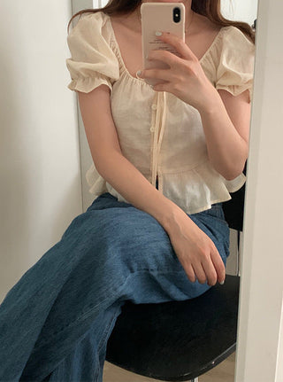 sweet lace bubble short sleeved linen top