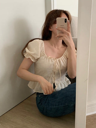 sweet lace bubble short sleeved linen top