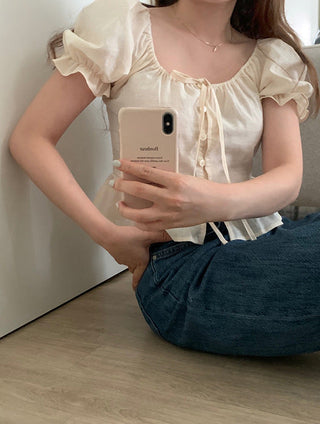 sweet lace bubble short sleeved linen top