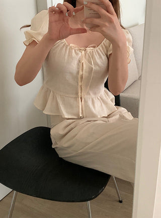 sweet lace bubble short sleeved linen top