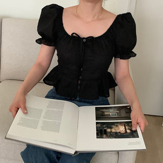 sweet lace bubble short sleeved linen top