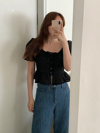 sweet lace bubble short sleeved linen top