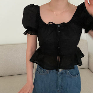 sweet lace bubble short sleeved linen top