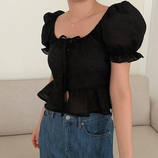 sweet lace bubble short sleeved linen top