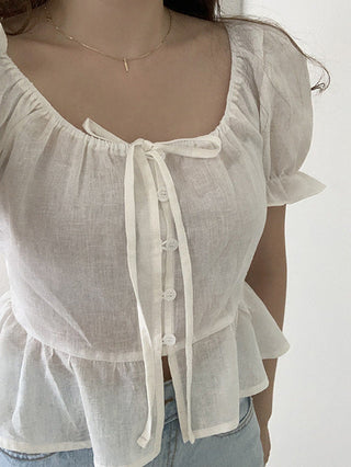 sweet lace bubble short sleeved linen top