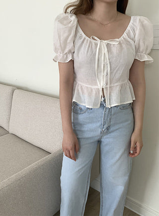 sweet lace bubble short sleeved linen top