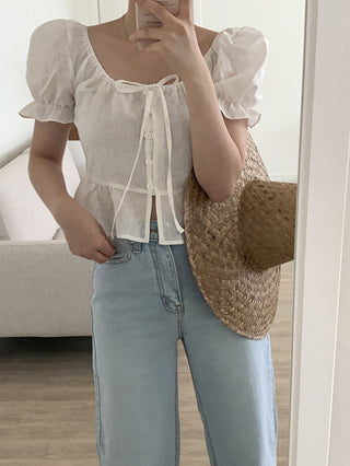 sweet lace bubble short sleeved linen top